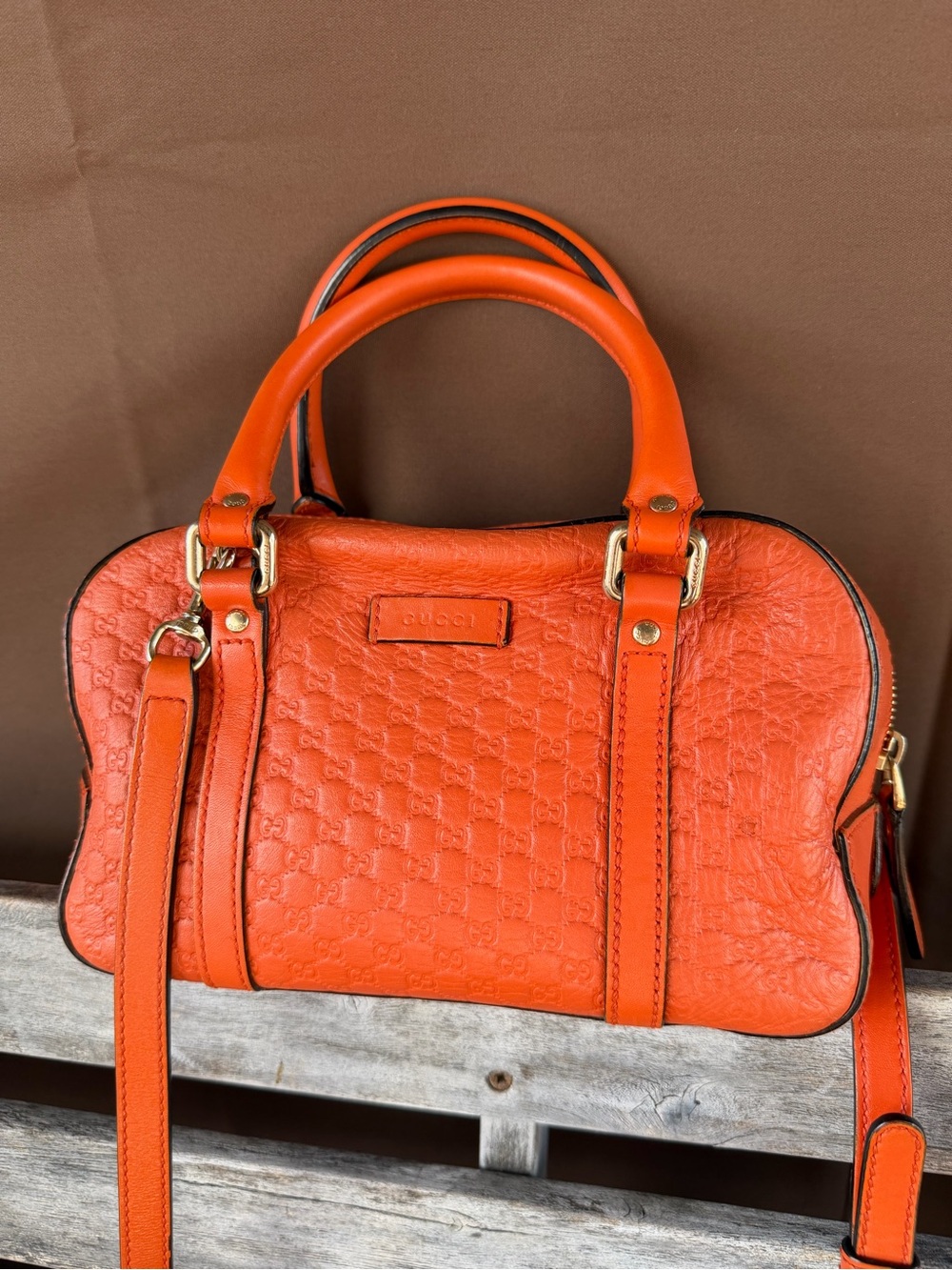 Gucci Orange Embossed Leather Satchel with Top Handles